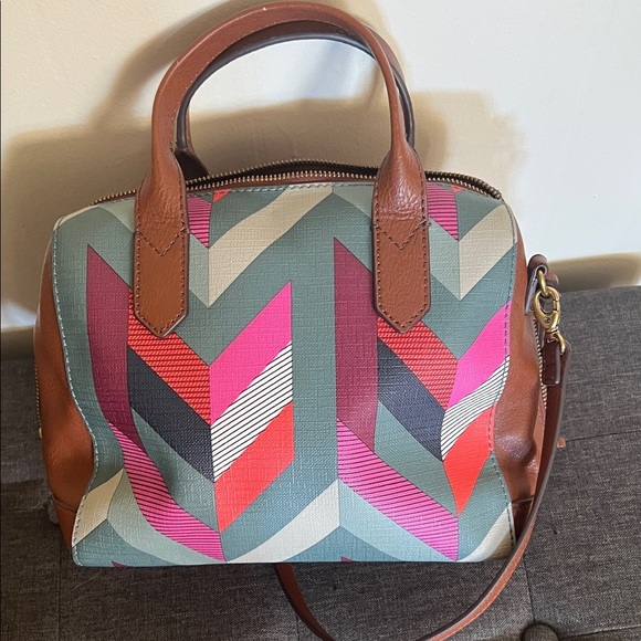 Fossil Chevron Satchel with Brown Accents - Picture 3 of 4